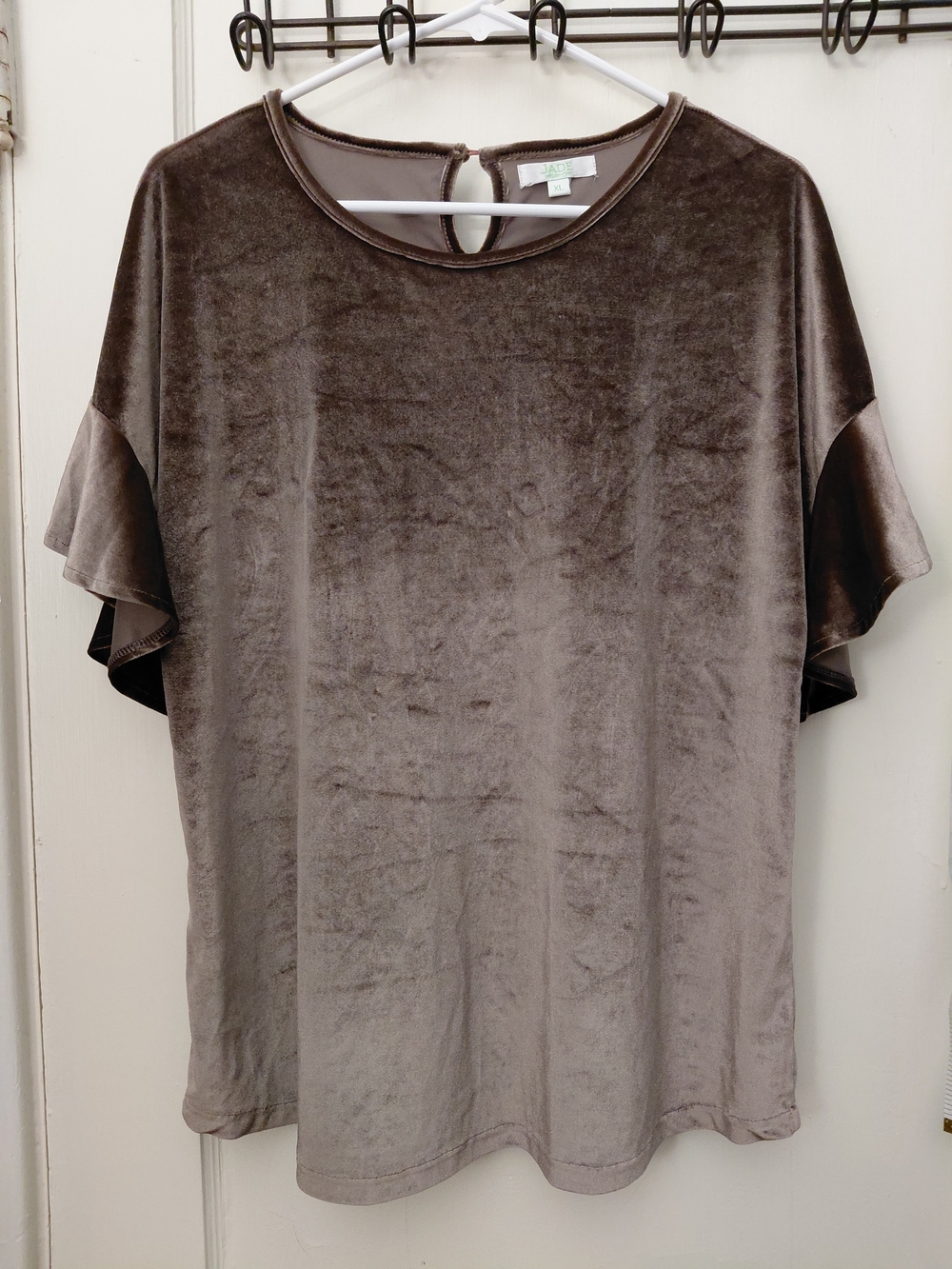 Jade Melody Tam Brown Velvet Flutter Sleeve Keyhole Top XL